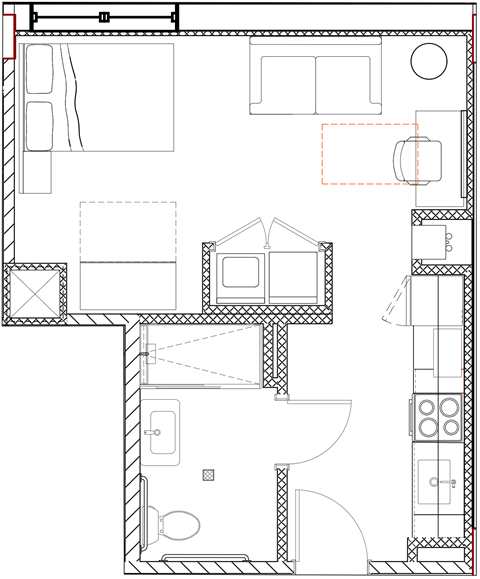 Floor plan for studio, 1 bath, 360 sqft
